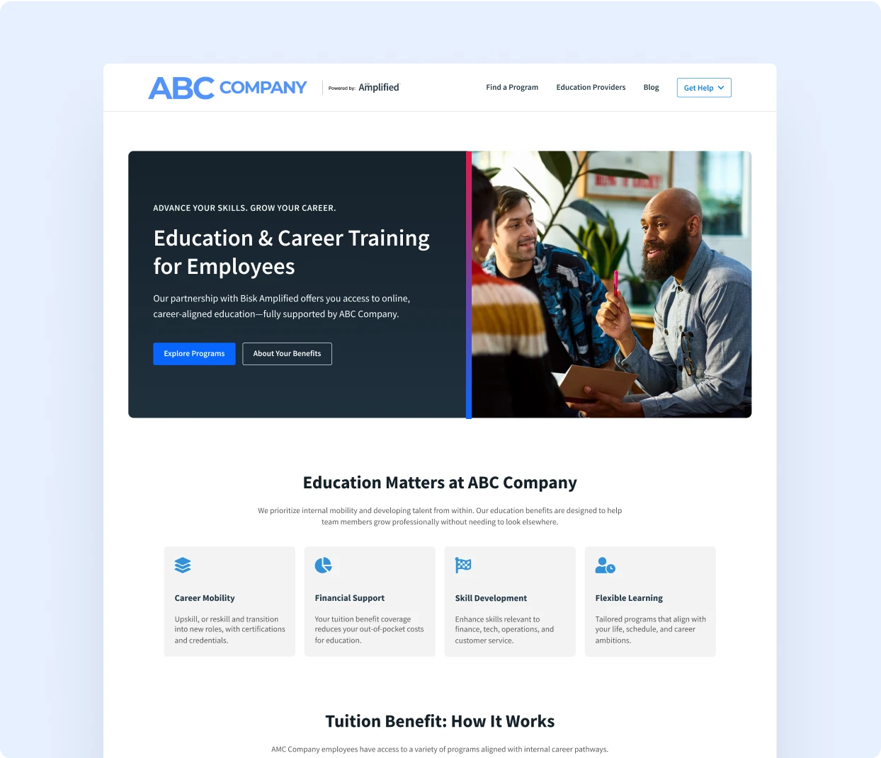 Preview of custom company-branded upskilling application on desktop