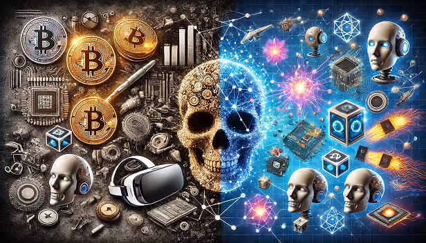 Conceptual artwork blending cryptocurrency, technology, and artificial intelligence.