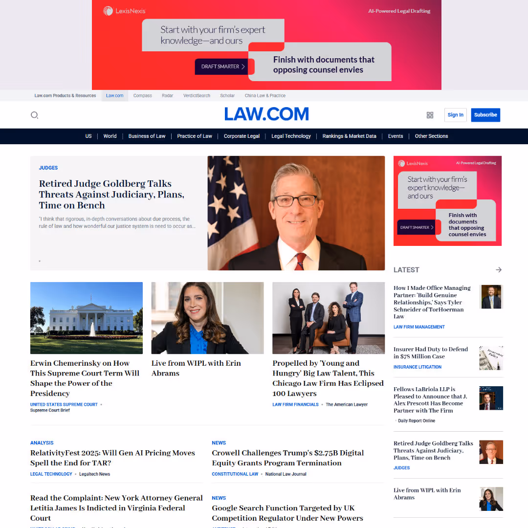 The Law.com home page with digital adverts above the navbar and in the right hand column