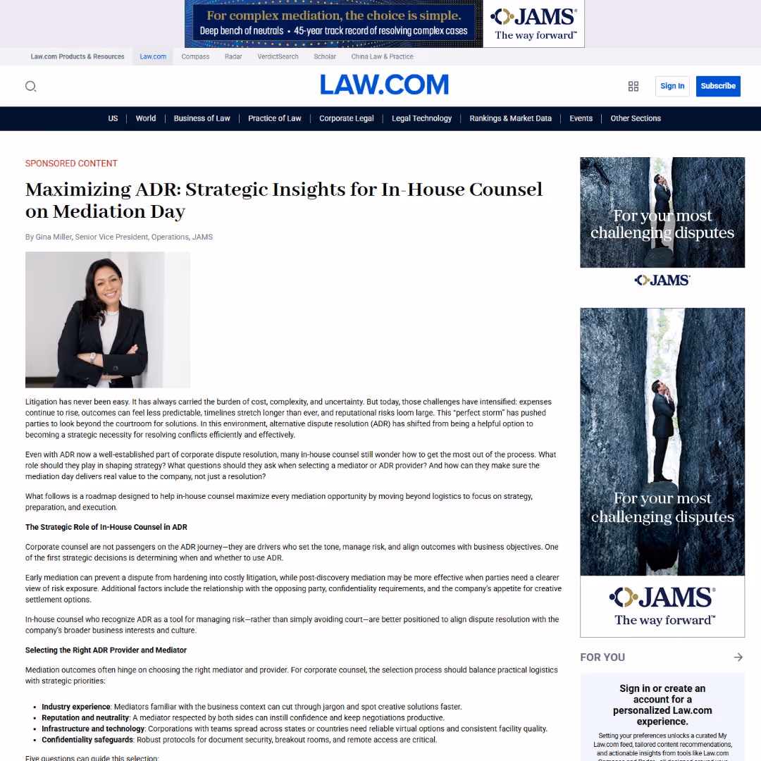 An article on Law.com with an example of advertising alongside editorial content