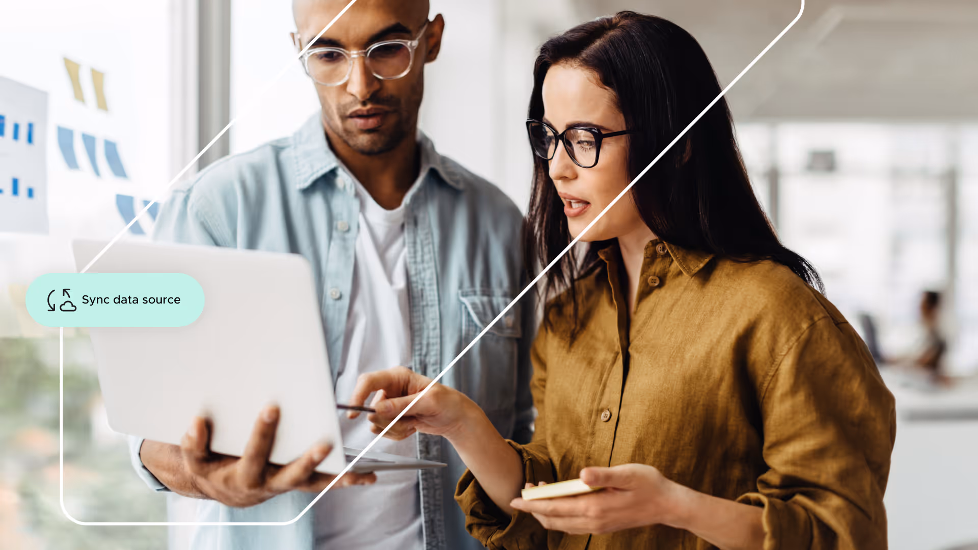 Man and woman using data distribution platform