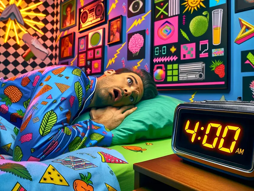 A man lying in bed at 4:00 AM with wide eyes, surrounded by colorful retro wall art and an alarm clock displaying ‘4:00 AM,’ illustrating sleepless early mornings.
