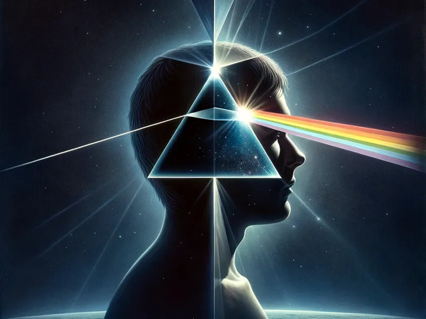 Silhouette of a person’s profile with a triangular prism at the head refracting a beam of light into a rainbow, symbolizing the transformation from individual contributor to manager
