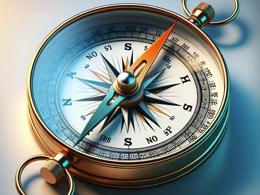 Close-up of a compass pointing northeast, symbolizing guidance through the minefield of OKRs.