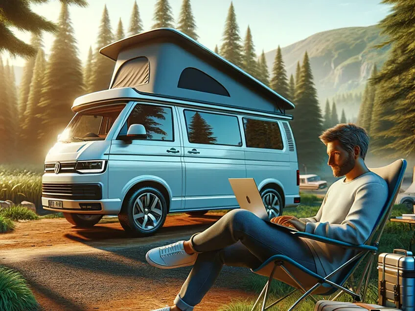Man working on a laptop while seated beside a campervan in a forest, illustrating the nomadic CTO lifestyle.