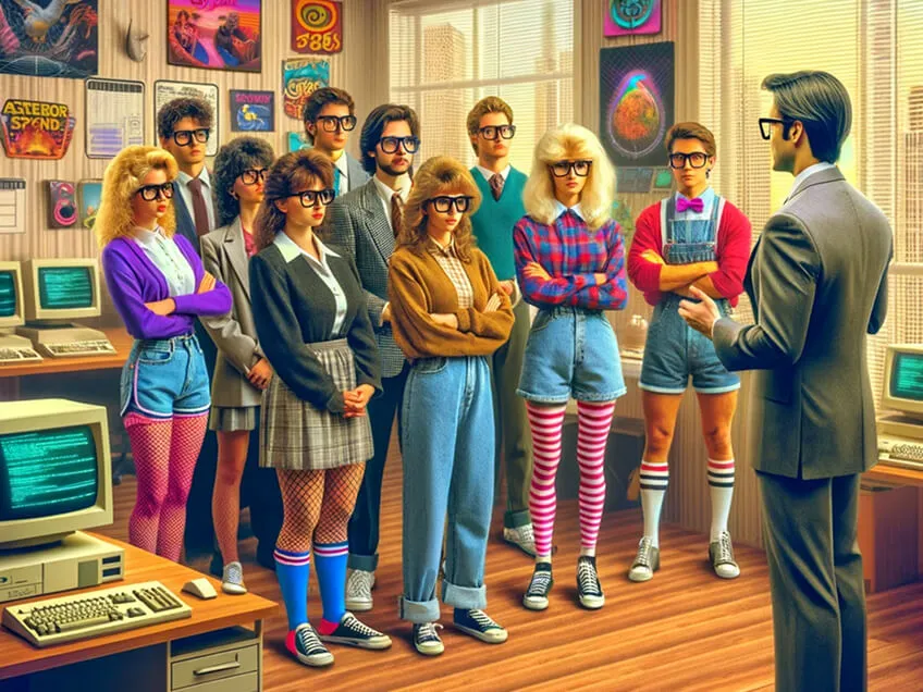 Business professional addressing a group of retro-styled office workers, highlighting the role of a project manager