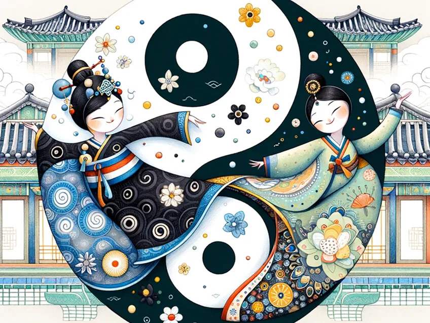 Yin-yang illustration with two traditional dancers, representing balanced decision-making in hiring.