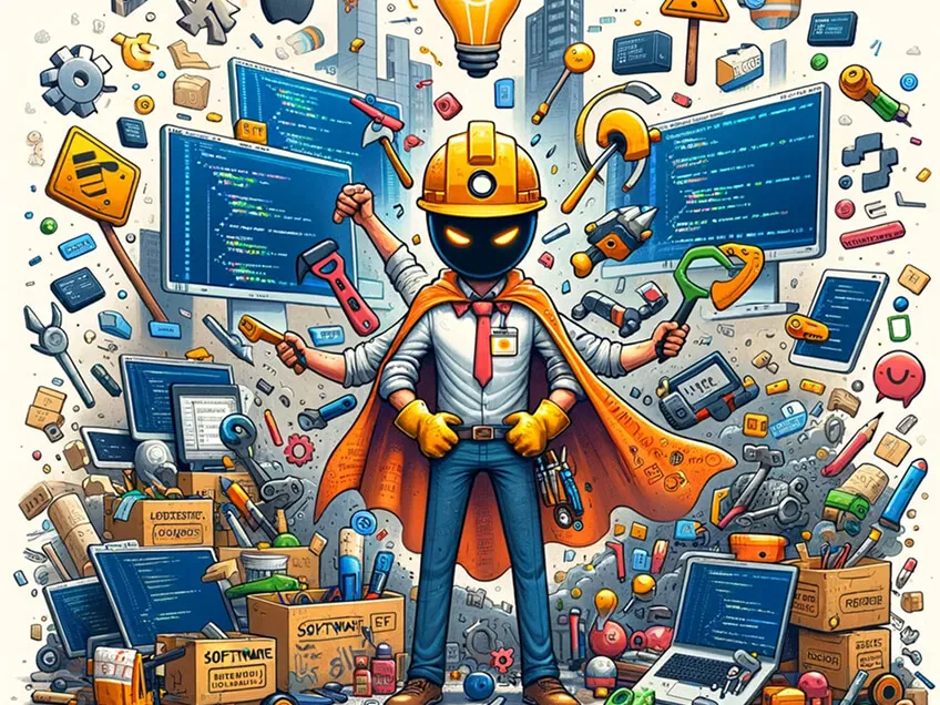 Heroic engineer surrounded by coding screens and tools, conveying the concept of gaining full ownership.