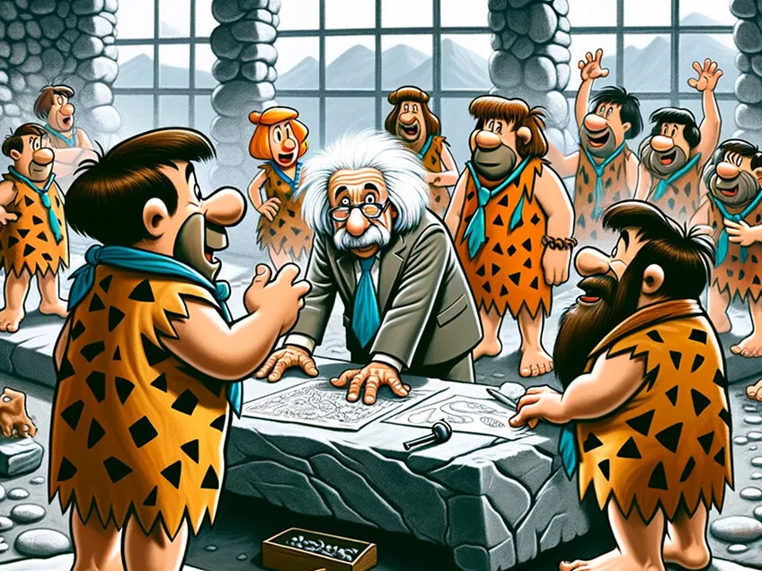 Einstein-like figure brainstorming with cavemen around a stone table, illustrating collaboration over individual brilliance.