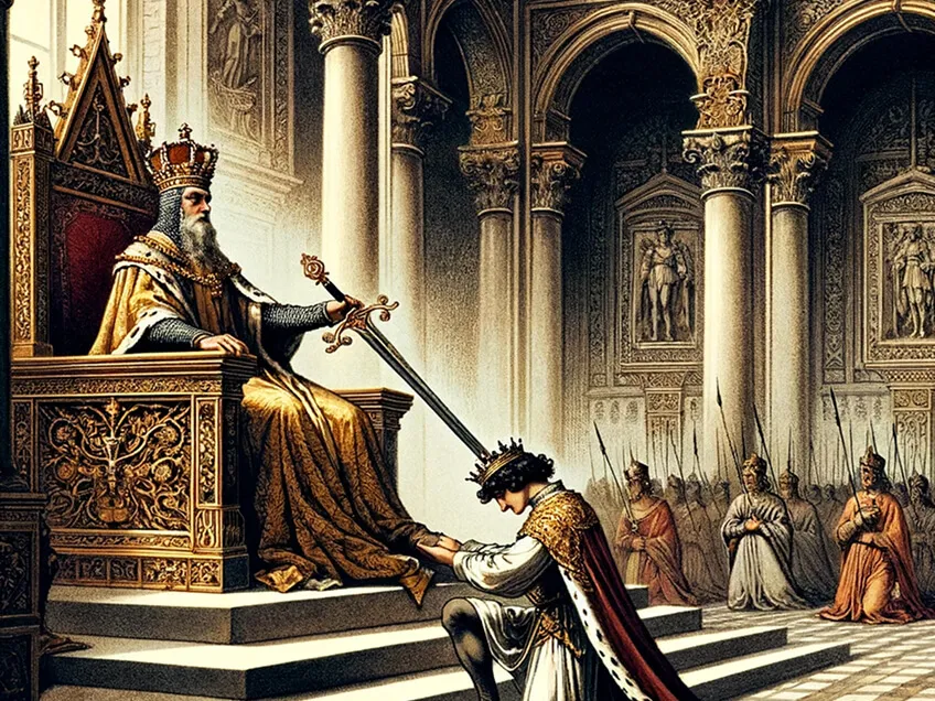 Medieval king knighting a kneeling figure in a grand hall, symbolizing developers deferring to authority.