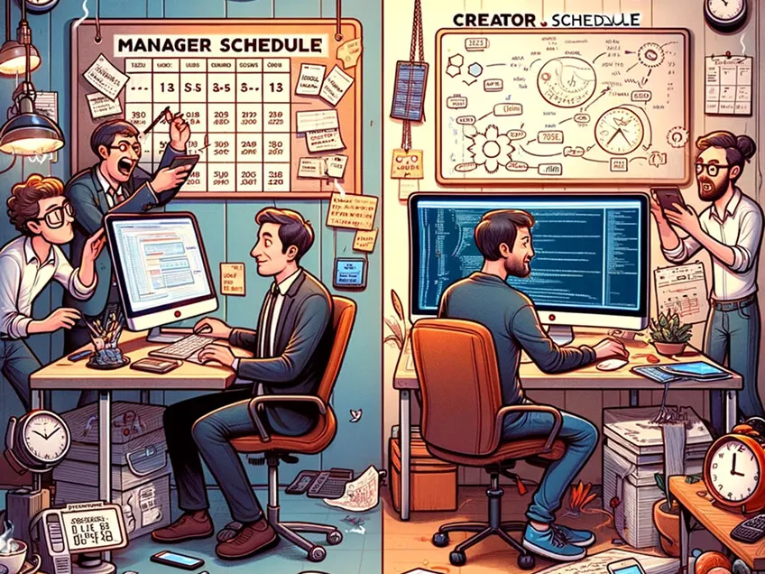 Split scene showing a stressed manager at a cluttered desk versus a focused creator coding at a clean workspace.