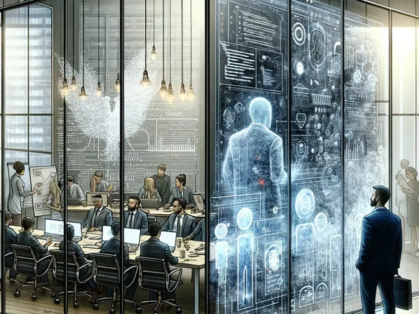 Corporate boardroom with a team meeting on one side and a holographic digital avatar on the glass wall, illustrating hidden data.