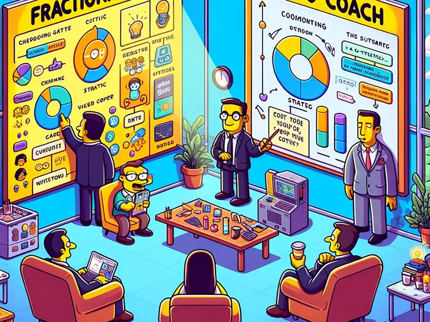 Cartoon-style office presentation comparing fractional CTO metrics on one board with coaching strategies on another.