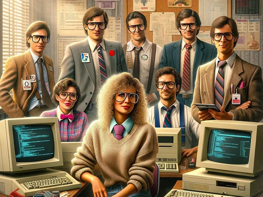 Retro-styled team of developers posing confidently in front of vintage computers, representing great software craftsmanship.