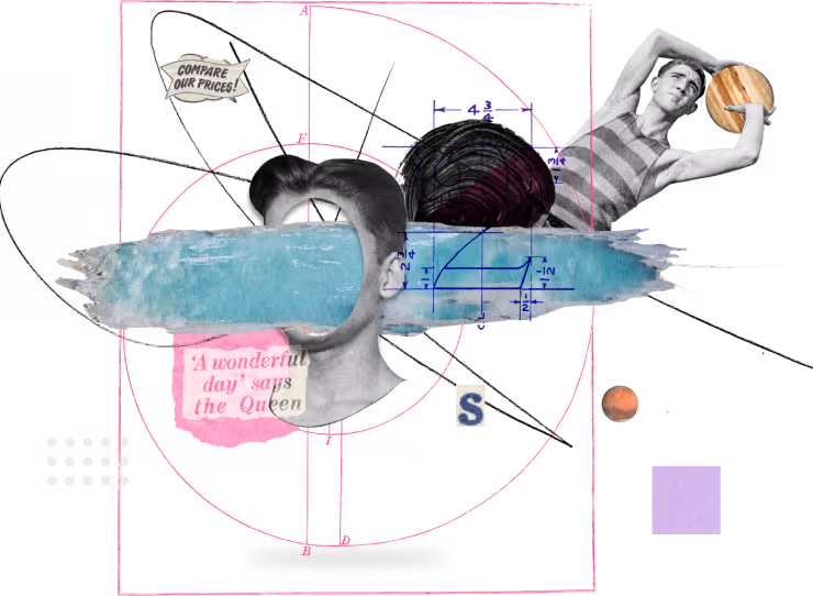 Collage with vintage figures, geometric diagrams, a blue paint stroke, and the phrase ‘A wonderful day says the Queen.’