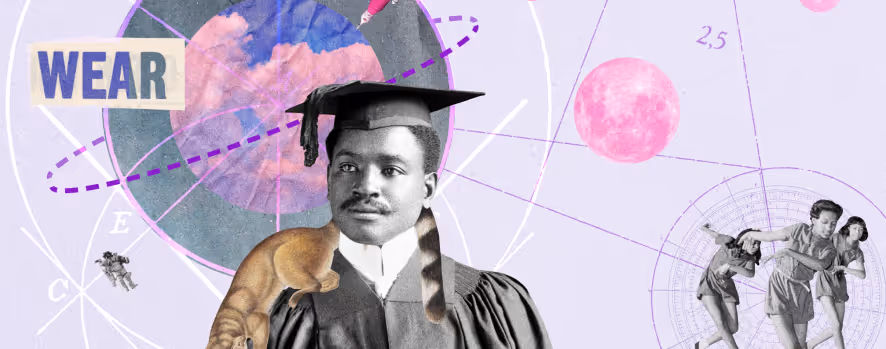 Collage of a man in graduation attire with cosmic elements, the word ‘WEAR,’ and dancing children.