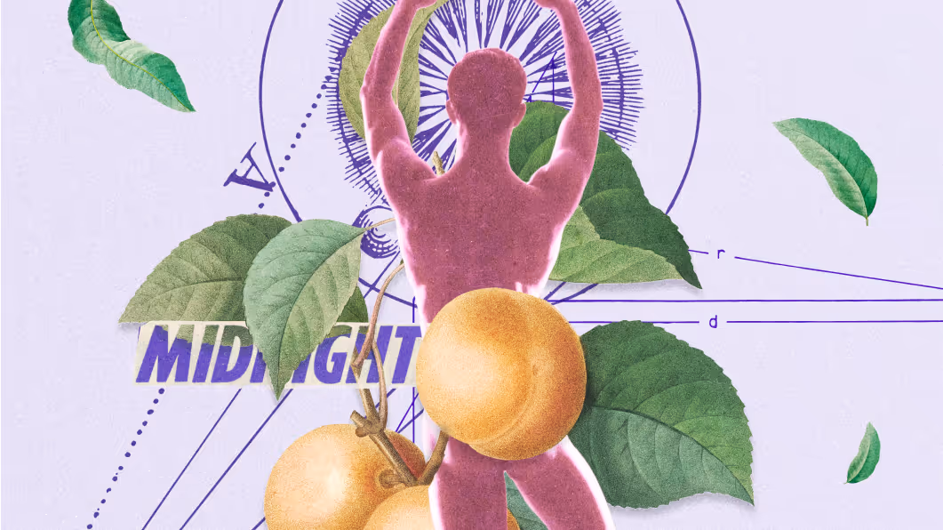 Surreal collage of a magenta figure with peaches, leaves, and geometric diagrams.