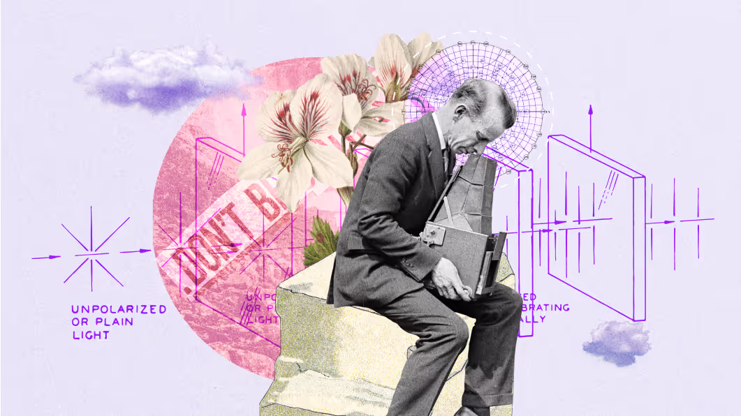 Collage of an older man holding books, seated among flowers, clouds, and scientific diagrams.