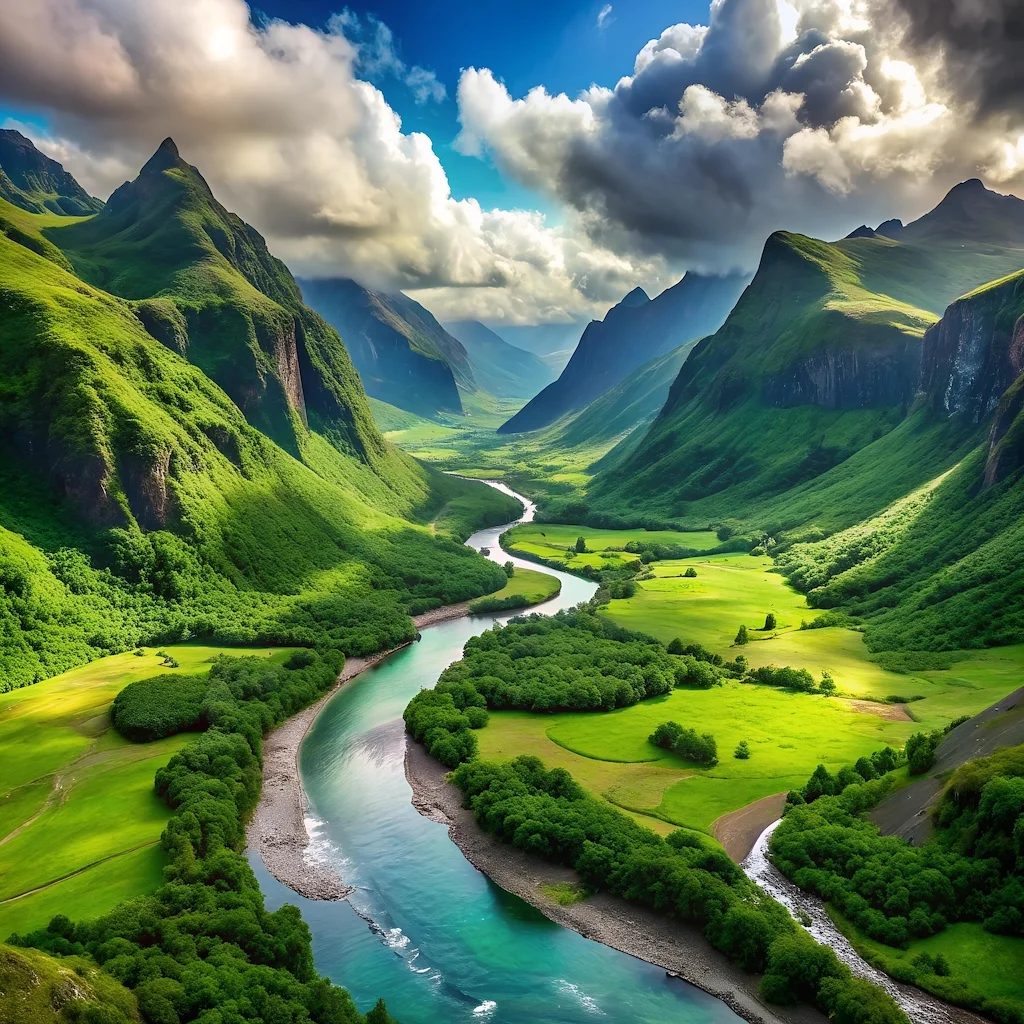 Image d'une rivière qui traverse les montagnes générée par IA
