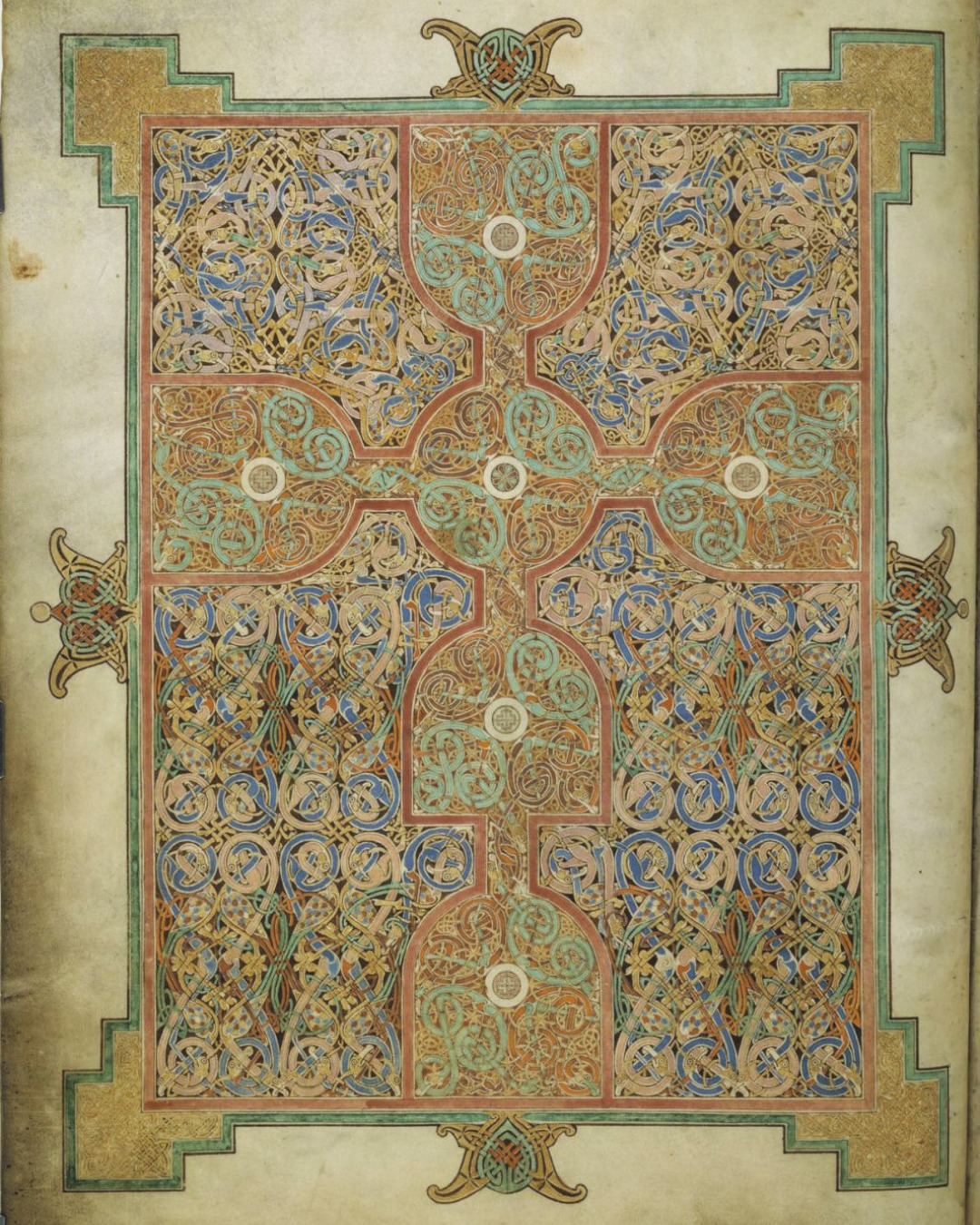 The Lindisfarne Gospels, St Matthew cross-carpet page, fol. 26v, Northumbria, c. 715–720, ink, pigment and gold on vellum, British Library, Cotton MS Nero D.IV. Public domain.
