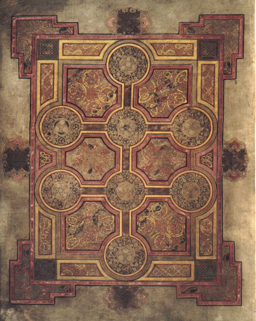 The Book of Kells, carpet page, fol. 33r, Insular, c. 800, pigment on vellum, The Board of Trinity College Dublin, MS 58. Reproduction of a public-domain work.