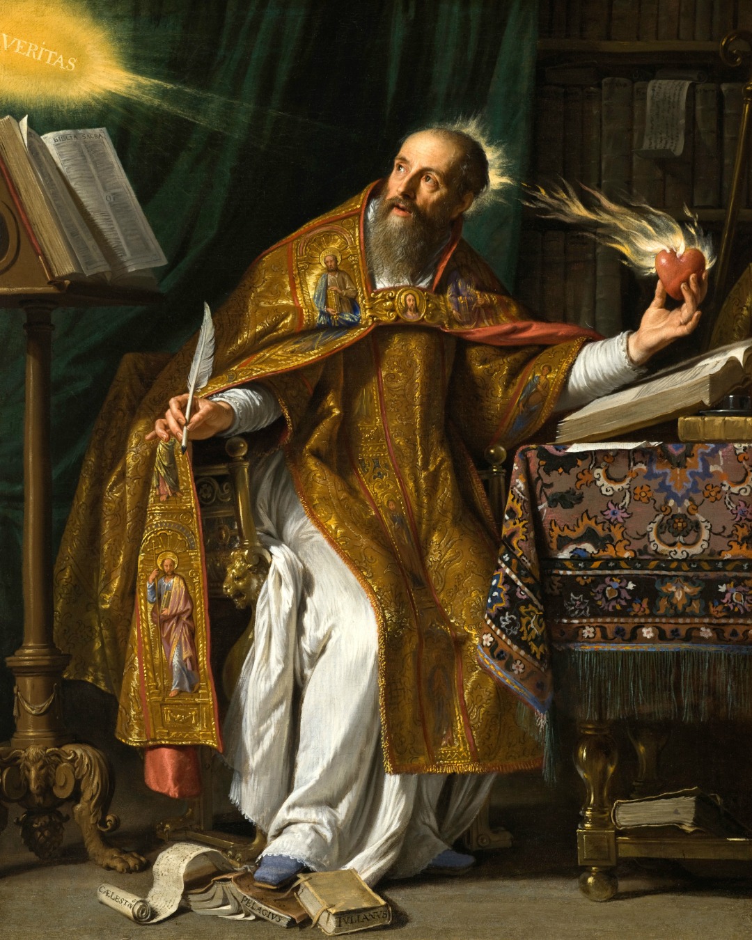 A bishop at his writing desk holds a flaming heart and turns toward a burst of light bearing the word Veritas.