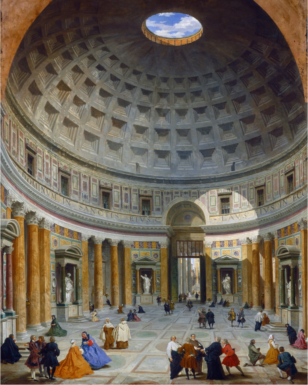 Visitors stand beneath the great coffered dome and open oculus of the Pantheon in Rome, a shaft of light falling across the marble floor.