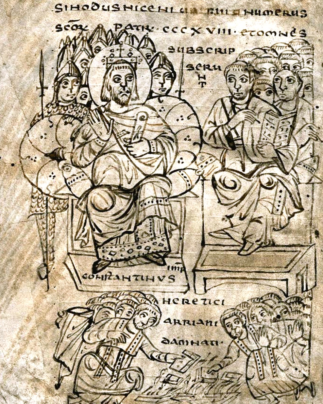 A medieval ink drawing of an enthroned emperor among bishops, with figures below burning books.