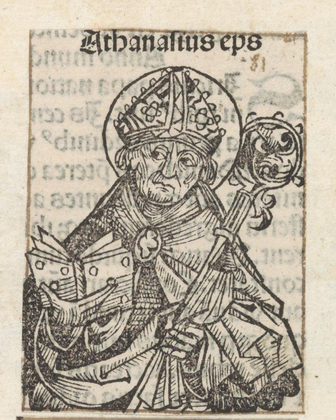 A woodcut of a mitred bishop holding a book and crozier, labeled Athanasius.