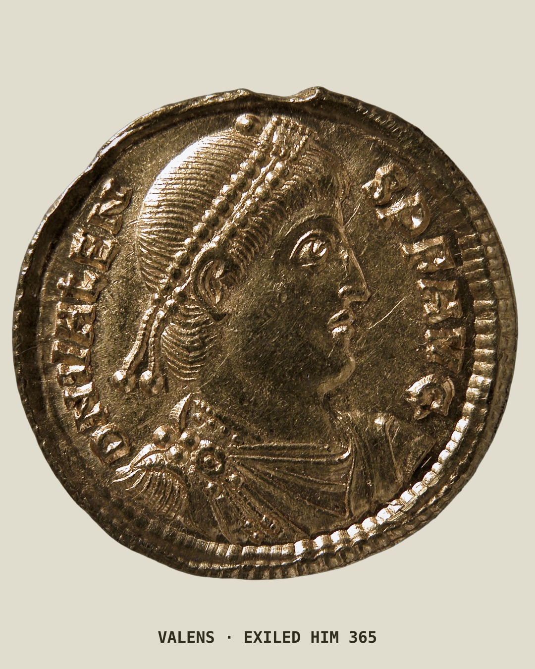 A gold coin showing the diademed bust of the emperor Valens.