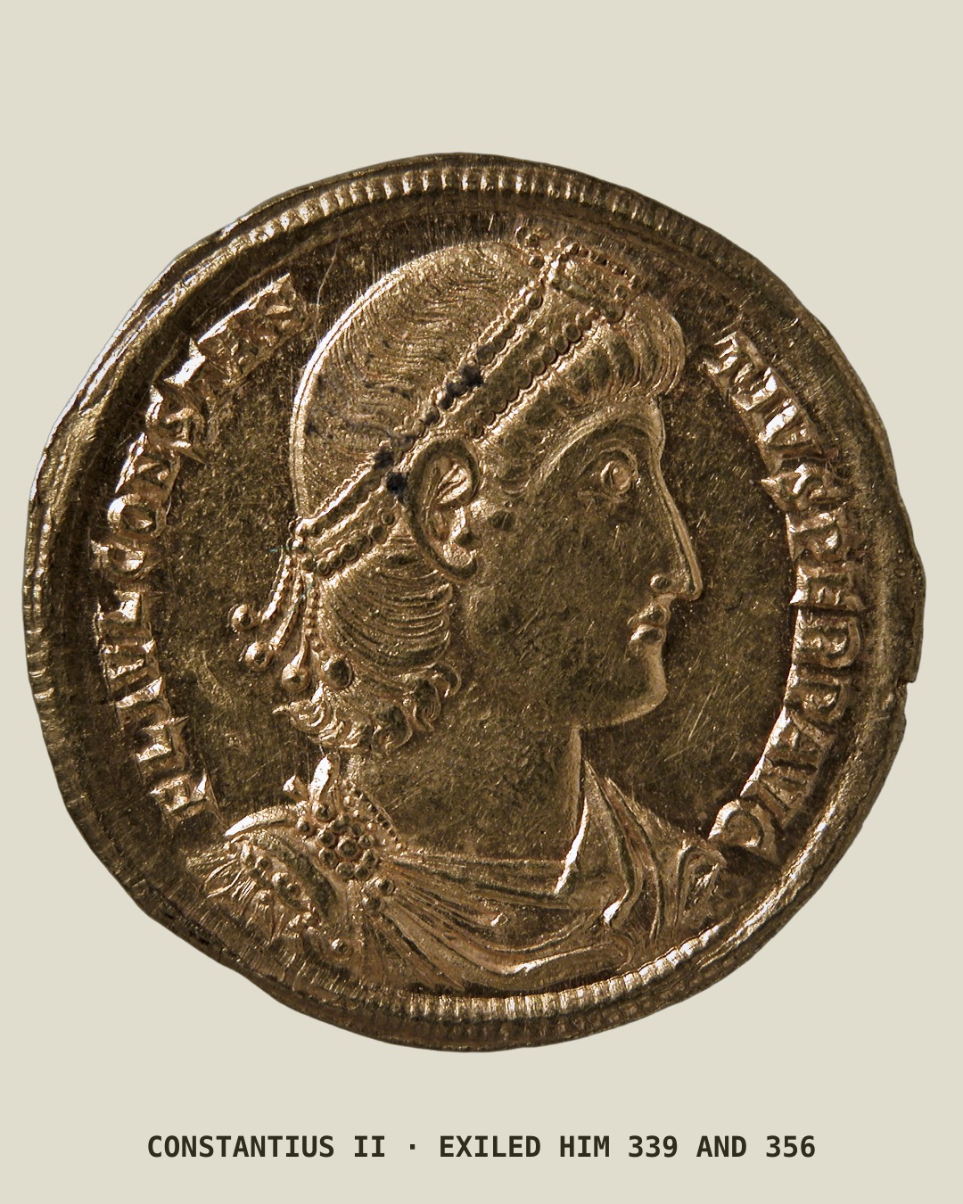 A gold coin showing the diademed bust of the emperor Constantius II.