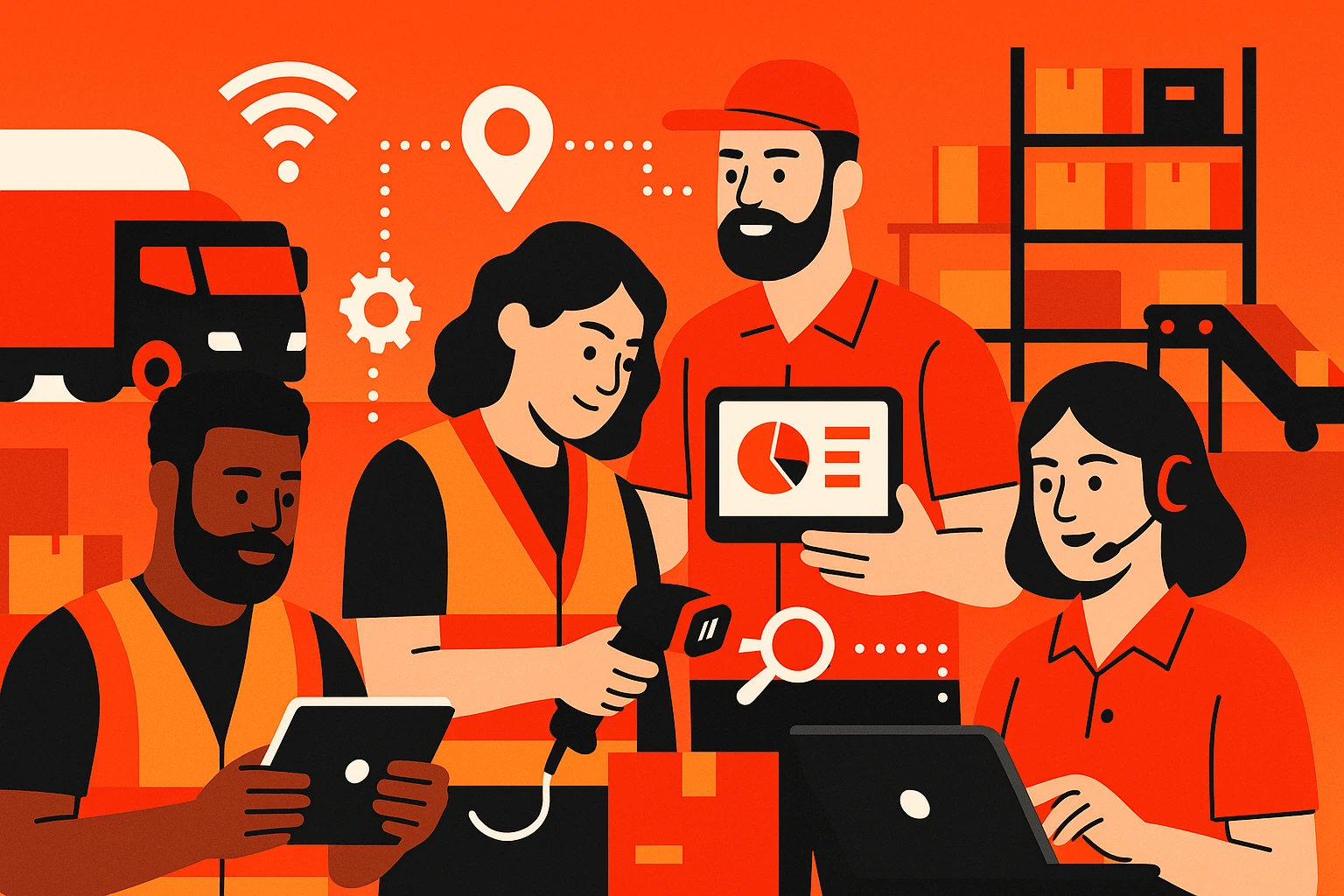 Recruiting Handwerk Logistik – Moderne Illustration von Mitarbeitenden in der Logistik mit digitalen Geräten