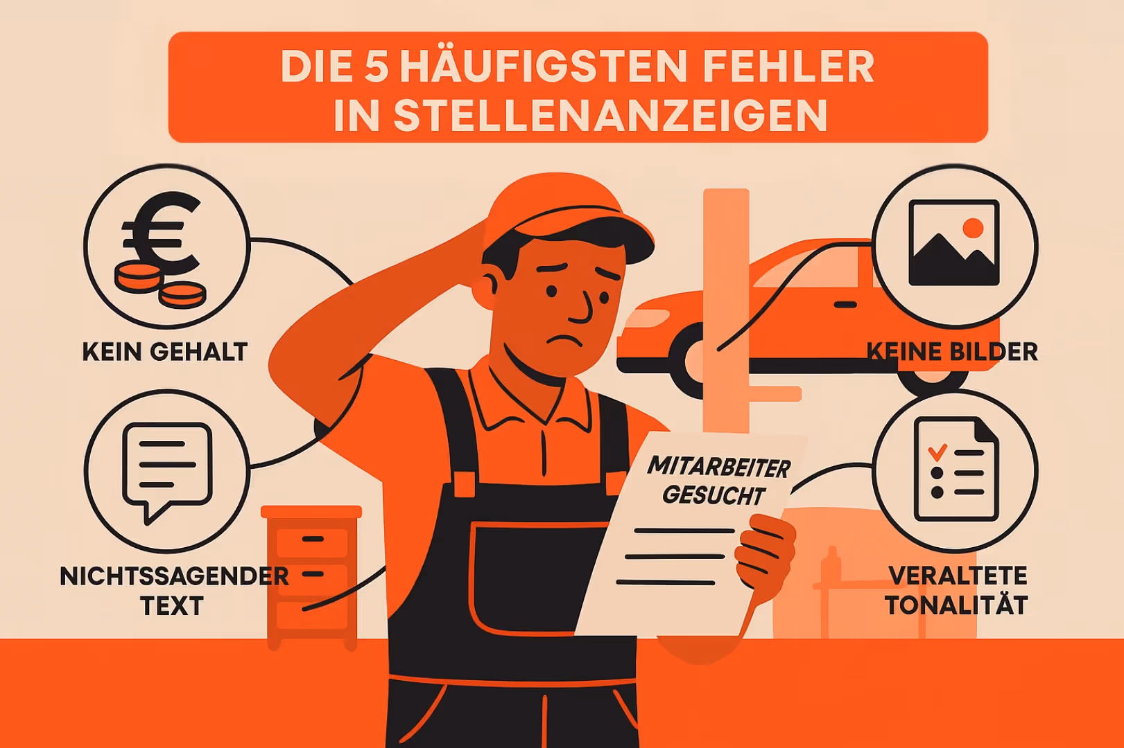 Stellenanzeige KFZ Werkstatt – Illustration 5 häufigsten Fehler in Stellenanzeigen
