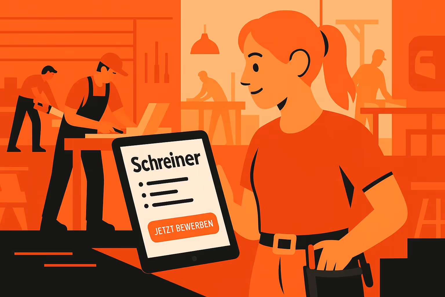 Mitarbeiter finden Schreiner – Illustration  modernes Recruiting im Schreinerhandwerk visuell dargestellt