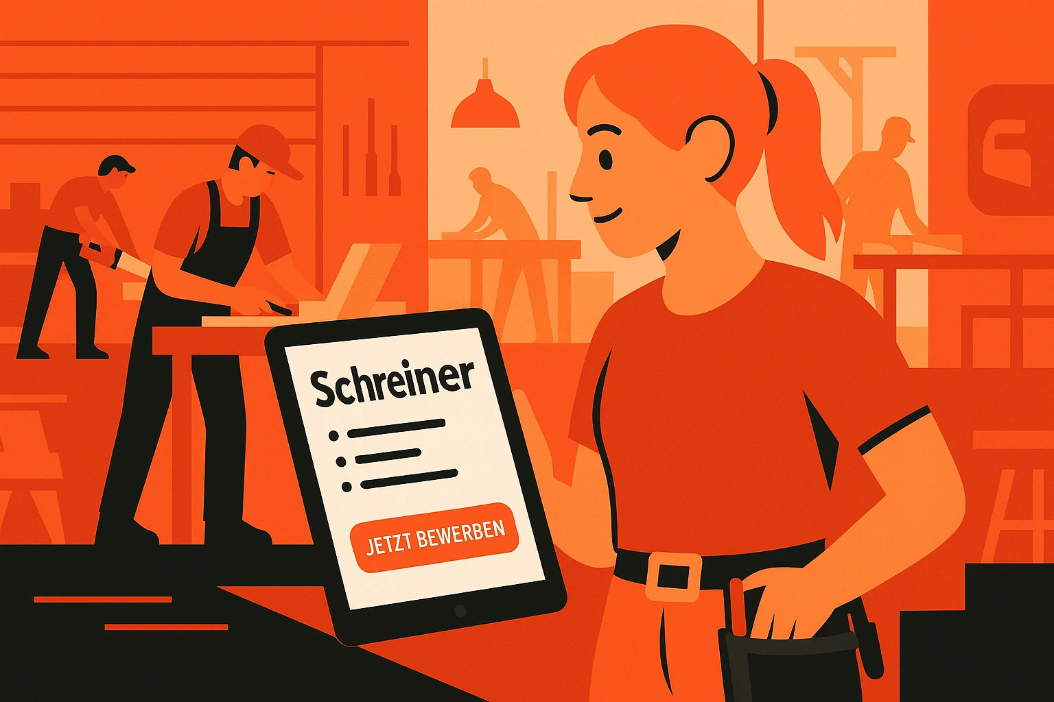 Mitarbeiter finden Schreiner – Illustration  modernes Recruiting im Schreinerhandwerk visuell dargestellt