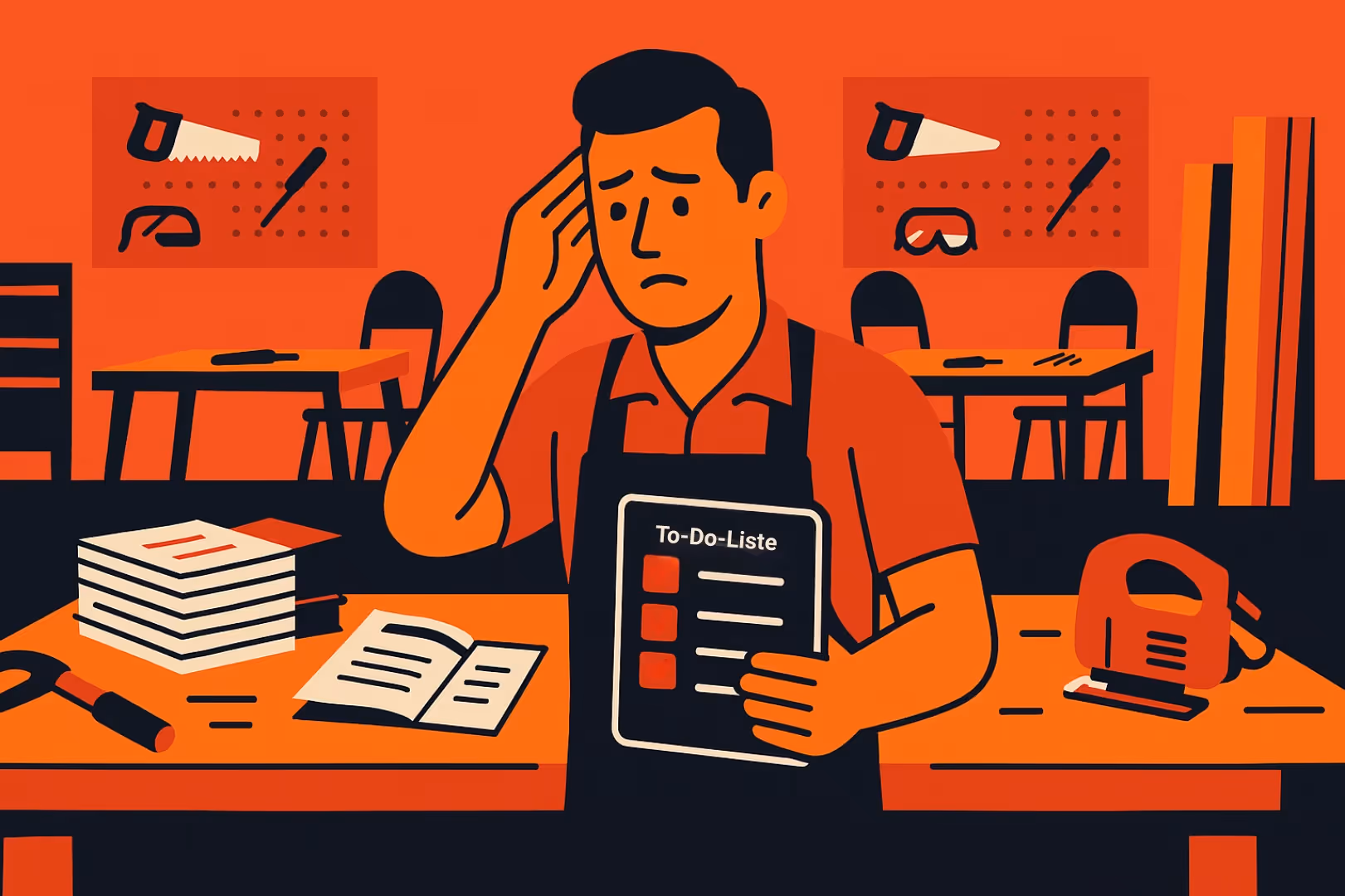 Mitarbeiter finden Schreiner – Illustration eines überforderten Schreiners mit einer vollen To-Do Liste und zu wenigen Fachkräften