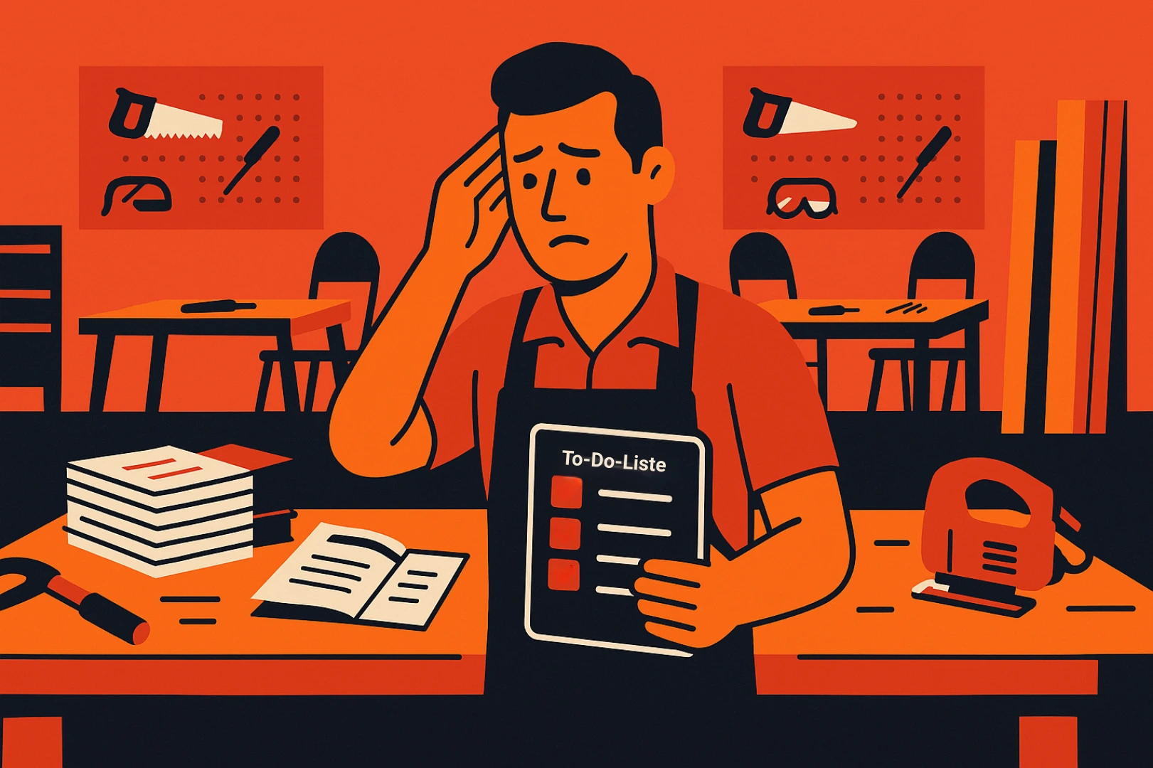 Mitarbeiter finden Schreiner – Illustration eines überforderten Schreiners mit einer vollen To-Do Liste und zu wenigen Fachkräften