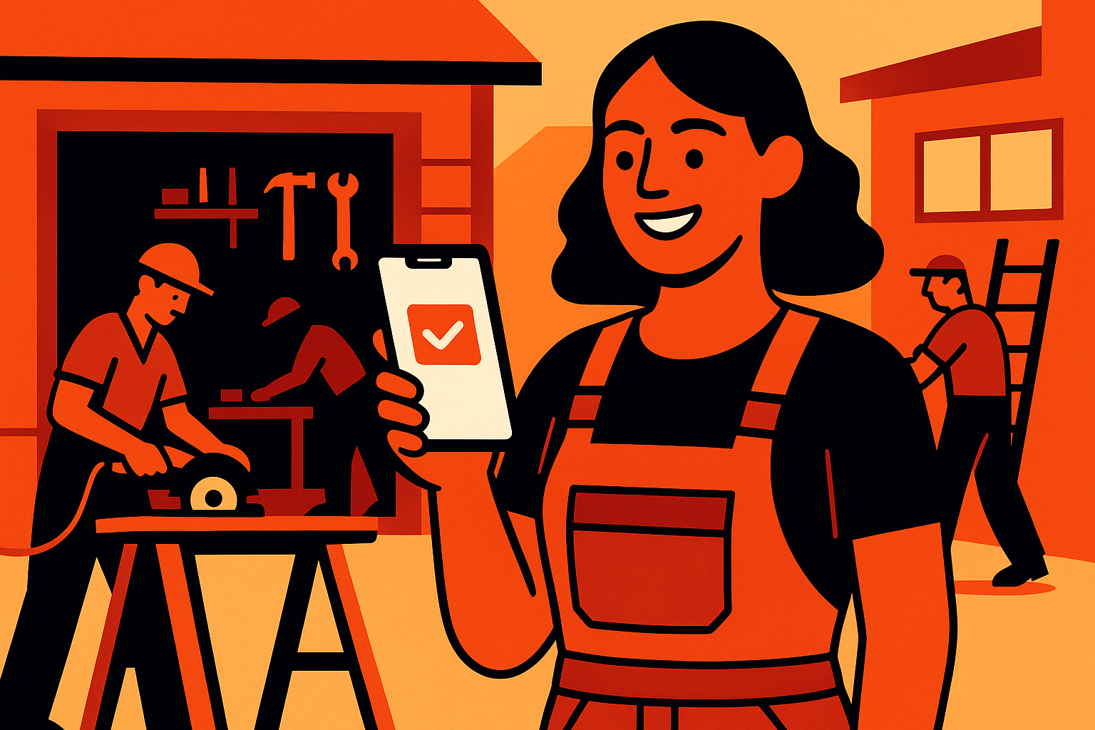 Fachkräfte finden im Handwerk – Illustration: Handwerksunternehmerin mit Smartphone, im Hintergrund arbeitet das Team in der Werkstatt.