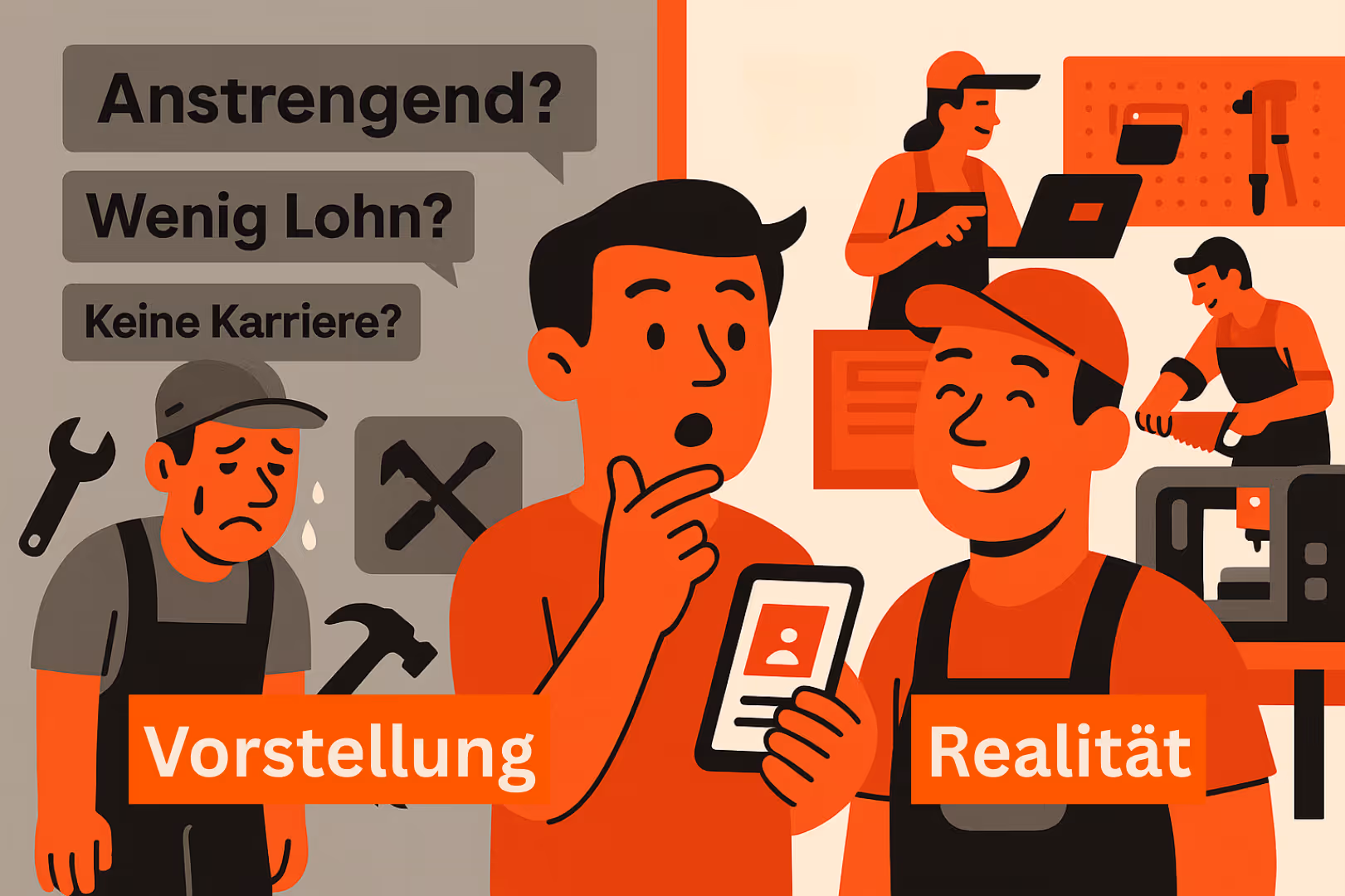 Fachkräfte finden im Handwerk – Illustration: Links negatives Vorurteil vom Handwerk, rechts moderne Realität mit glücklichem Team – Imageproblem im Vergleich.