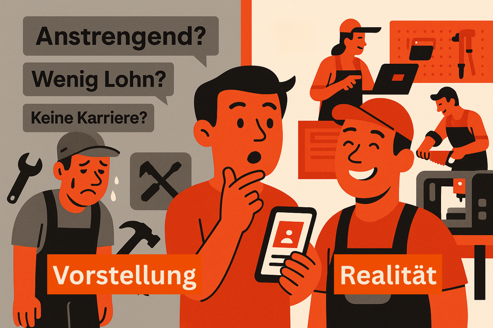 Fachkräfte finden im Handwerk – Illustration: Links negatives Vorurteil vom Handwerk, rechts moderne Realität mit glücklichem Team – Imageproblem im Vergleich.