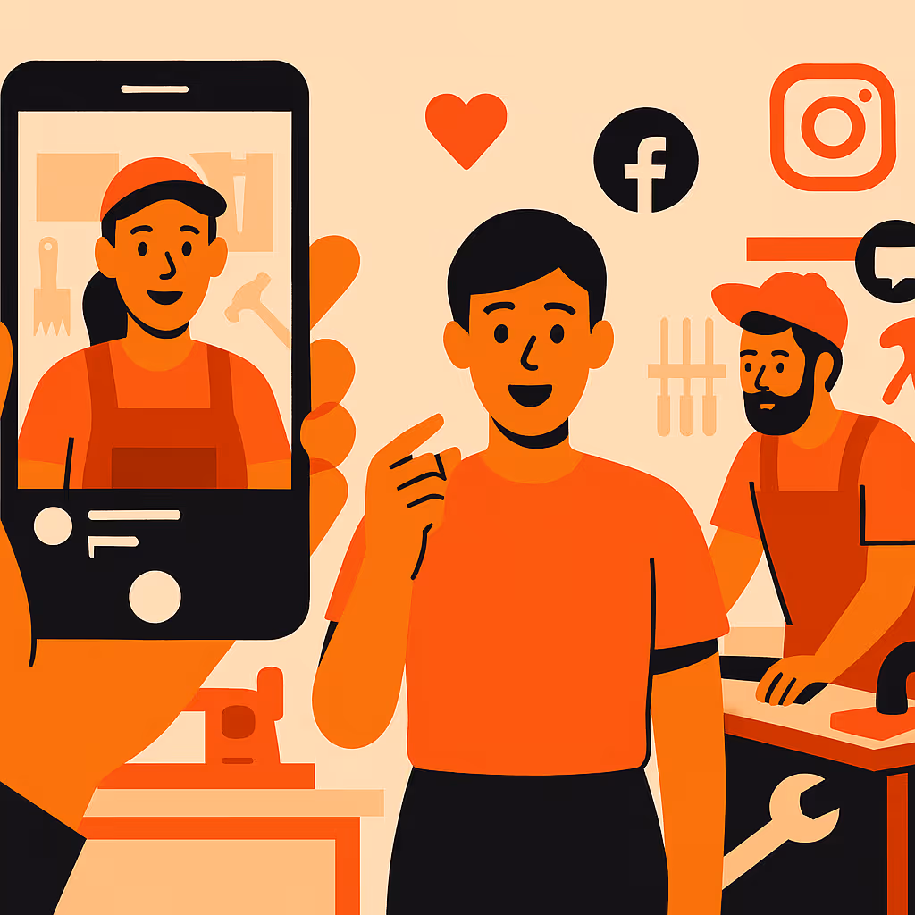 Fachkräfte finden im Handwerk – Illustration: Handwerker-Team dreht Social Recruiting Video in der Werkstatt – Instagram- und Facebook-Symbole eingebunden.