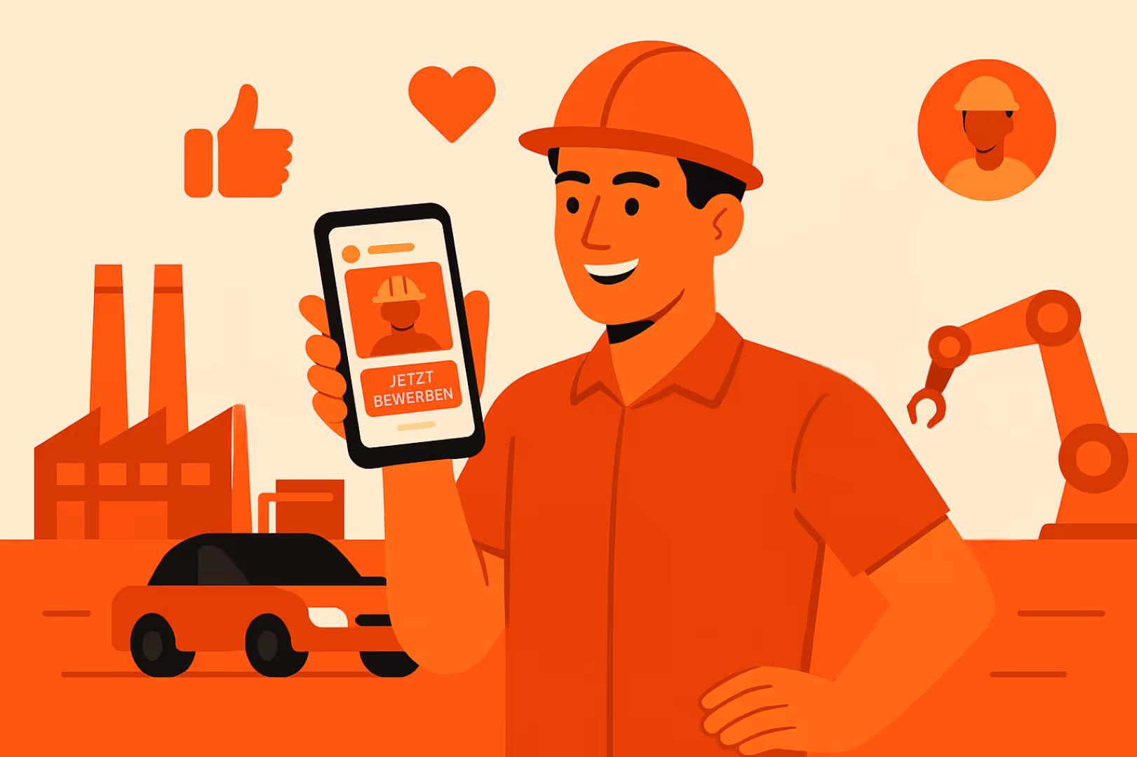 Social Recruiting in der Industrie: Illustration eines lächelnden Industrie-Recruiters mit Smartphone vor Werkhalle. Auf dem Screen eine aktive Social-Ad („Jetzt bewerben“)