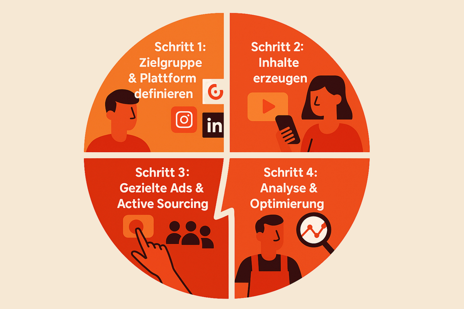 Social Recruiting in der Industrie: Illustration eines gleichmäßig aufgeteilten Kreises mit vier Segmenten – Schritt 1: Zielgruppe & Plattform definieren, Schritt 2: Inhalte erzeugen, Schritt 3: Gezielte Ads & Active Sourcing, Schritt 4: Analyse & Optimierung