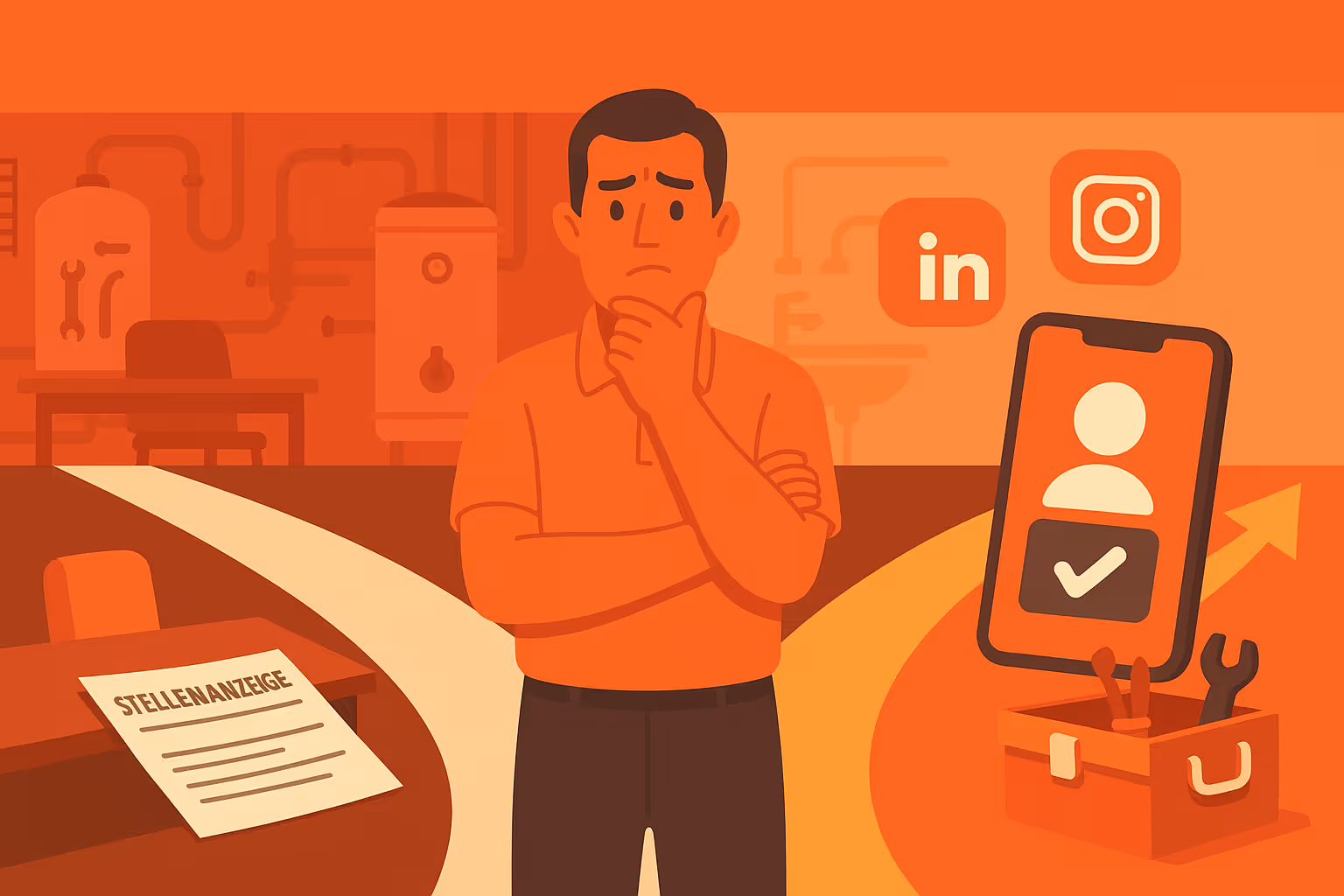 Headhunter SHK: Illustration eines SHK-Betriebsleiters zwischen klassischer Stellenanzeige und digitalem Recruiting per Smartphone – symbolisiert den Wandel im Recruiting-Alltag der SHK-Branche.