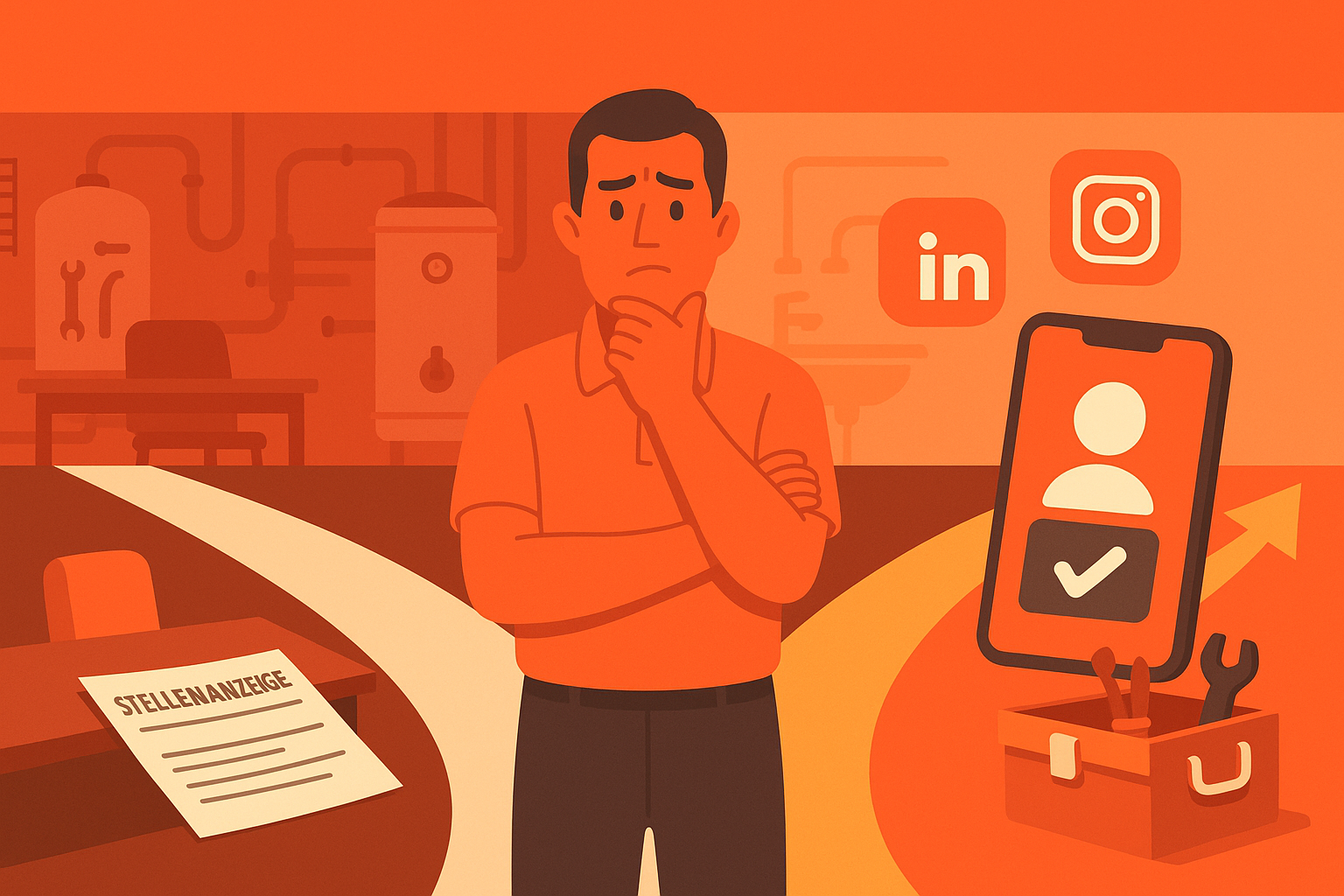 Headhunter SHK: Illustration eines SHK-Betriebsleiters zwischen klassischer Stellenanzeige und digitalem Recruiting per Smartphone – symbolisiert den Wandel im Recruiting-Alltag der SHK-Branche.