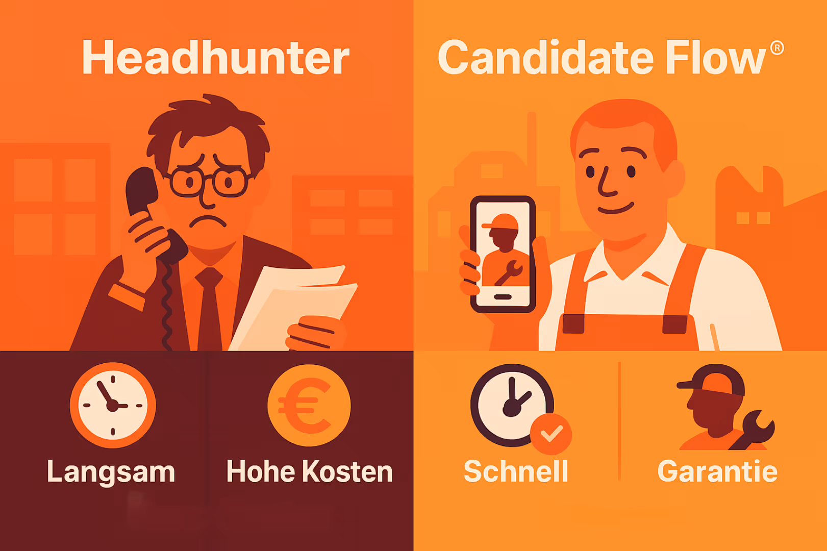 Headhunter SHK: Illustration zeigt den direkten Vergleich zwischen klassischem Headhunting und der Candidate Flow® Methode im SHK-Bereich