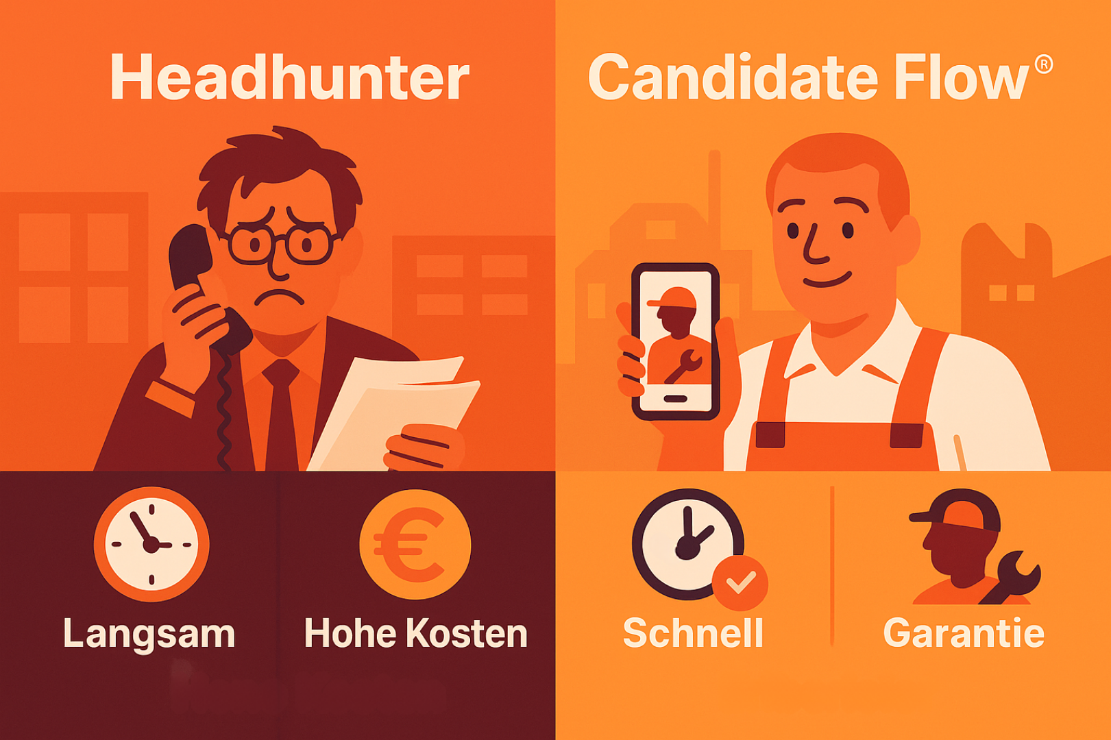 Headhunter SHK: Illustration zeigt den direkten Vergleich zwischen klassischem Headhunting und der Candidate Flow® Methode im SHK-Bereich