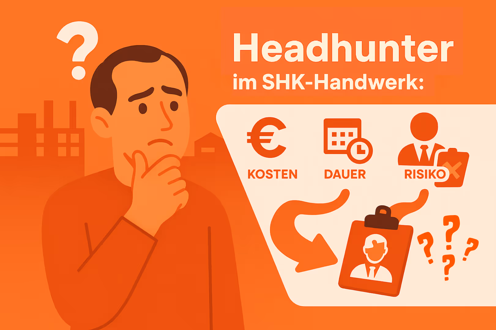 Headhunter SHK: Illustration unsicherer Inhaber einer SHK Betriebs – daneben Symbole für Kosten, Zeit und Risiko beim Einsatz von Headhuntern im SHK-Handwerk.