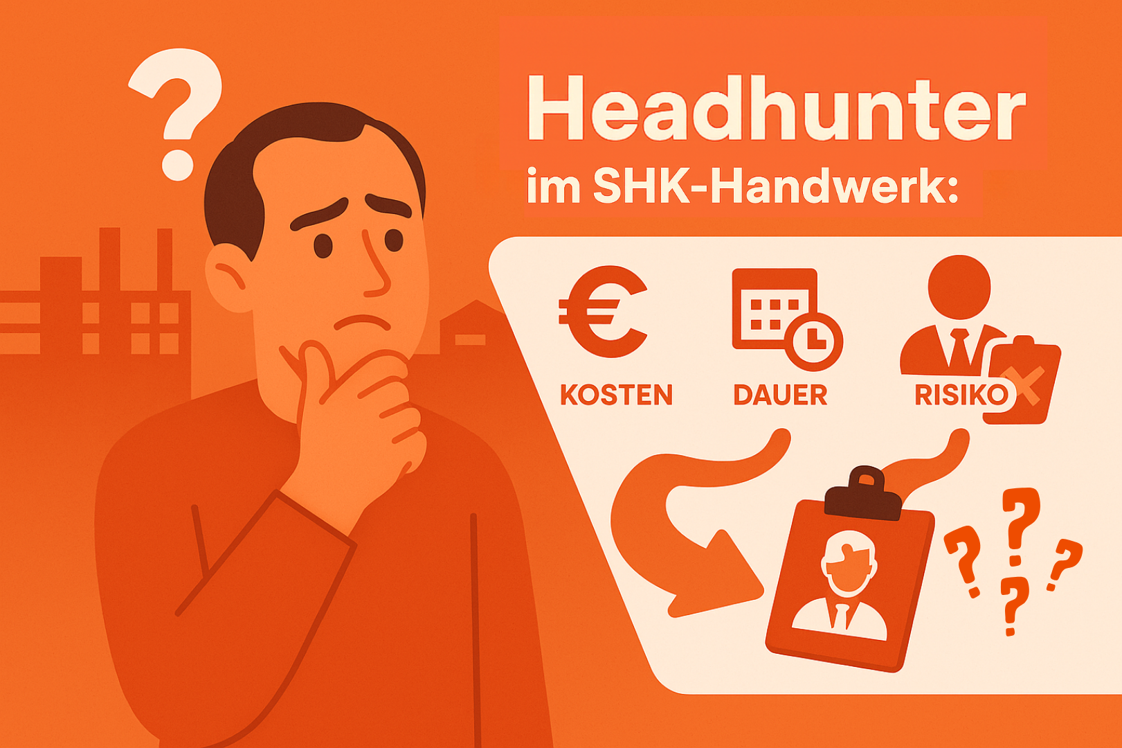 Headhunter SHK: Illustration unsicherer Inhaber einer SHK Betriebs  – daneben Symbole für Kosten, Zeit und Risiko beim Einsatz von Headhuntern im SHK-Handwerk.