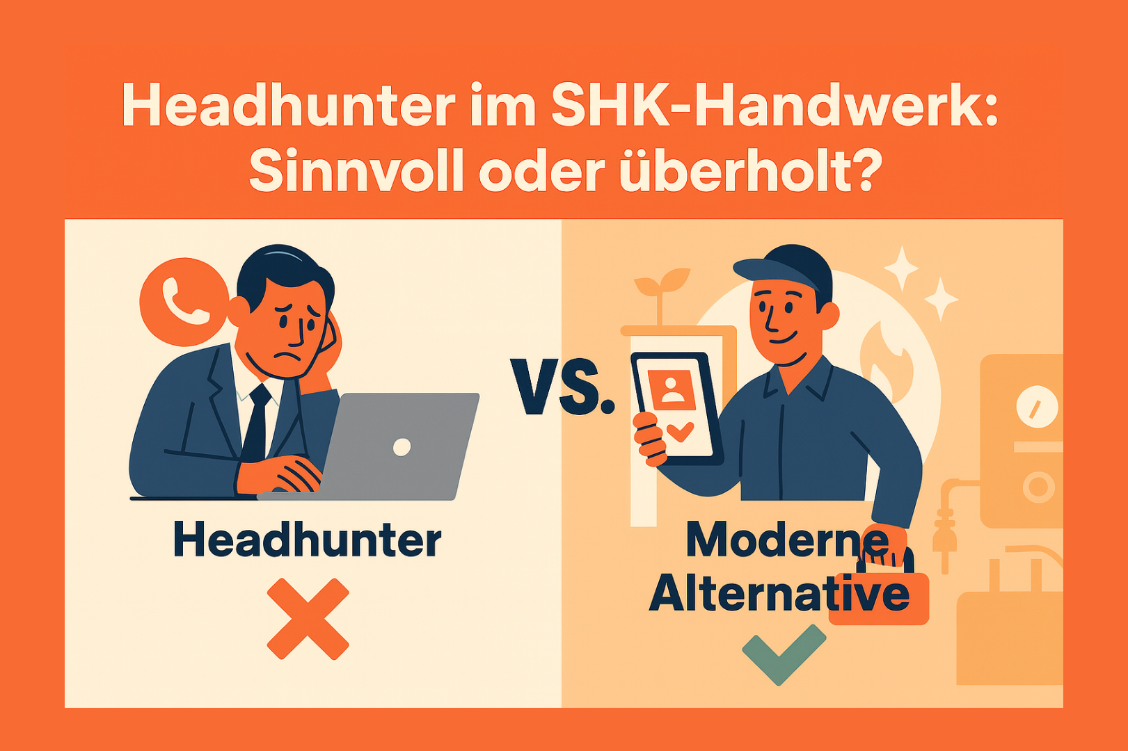 Headhunter SHK: Illustration eines Vergleichs zwischen klassischem Headhunter und digitaler Candidate Flow® Methode im SHK-Handwerk.